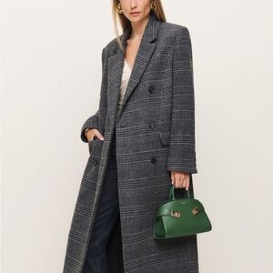 Reformation Gray Charcoal Plaid Lucas Double-Breasted Wool Blend Long Coat LP